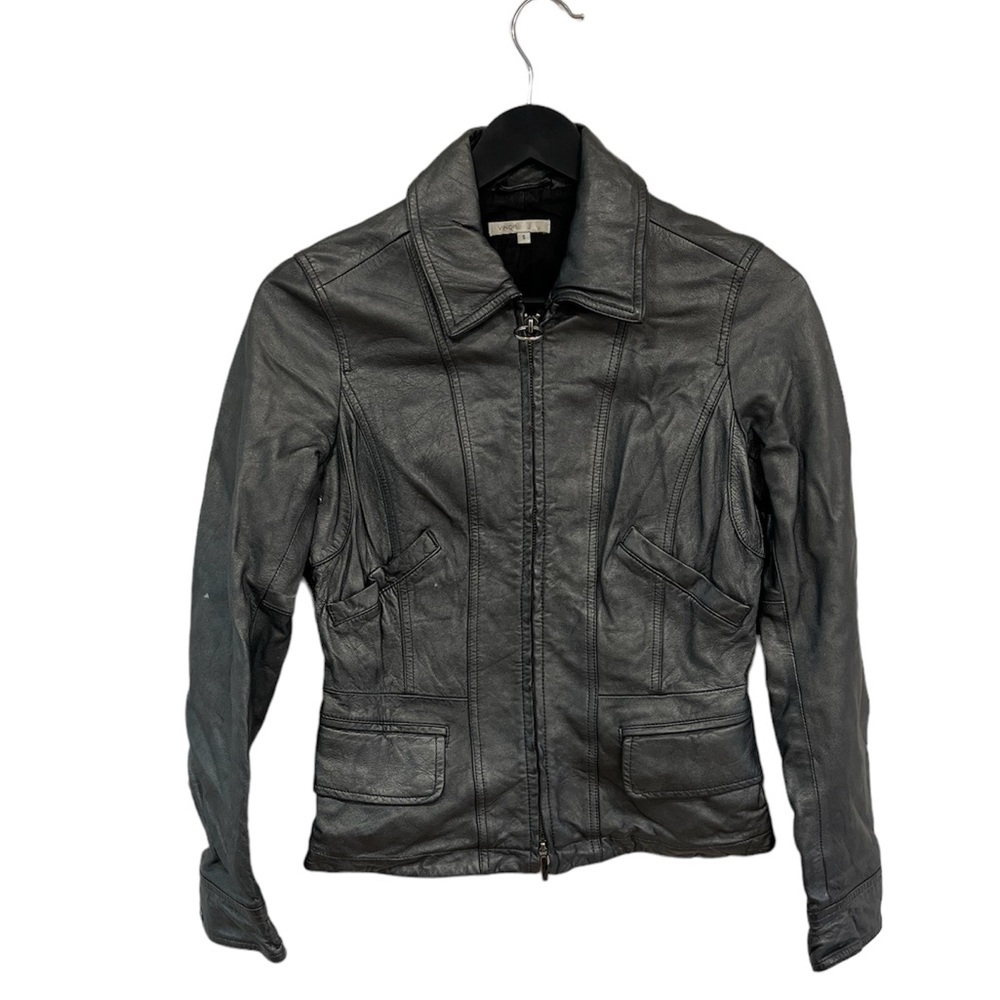 VINCE. Leather Moto Biker Bomber Jacket Black Size Small Full Zip